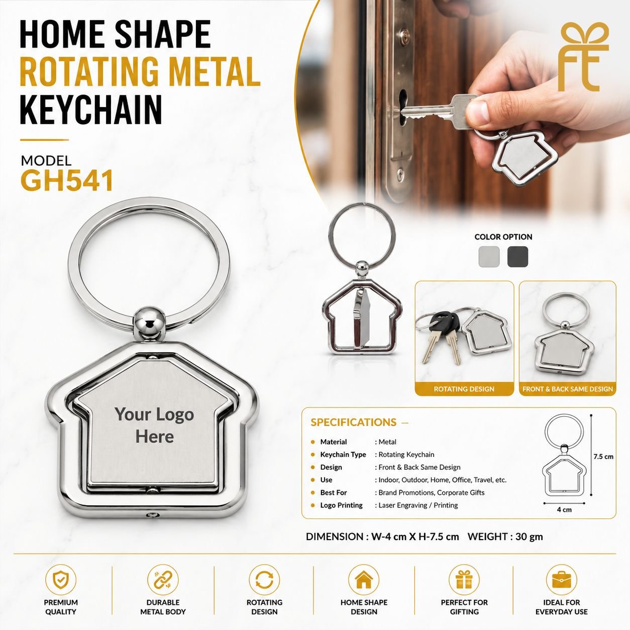 HOME SHAPE ROTATING METAL KEYCHAIN