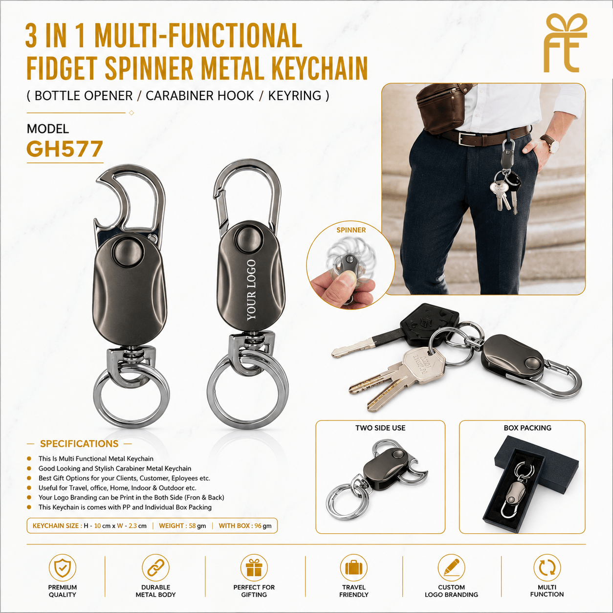 3 IN 1 MULTI- FUNCTIONAL FIDGET SPINNER METAL KEYCHAIN