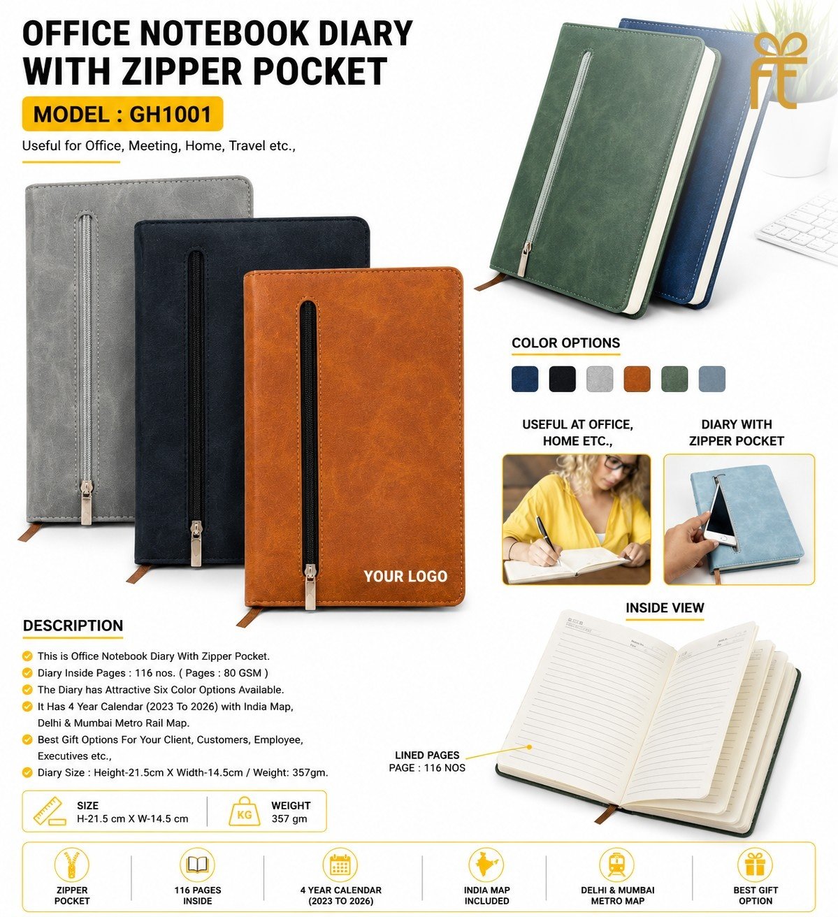 OFFICE NOTEBOOK DIARY WITH ZIPPER POCKET