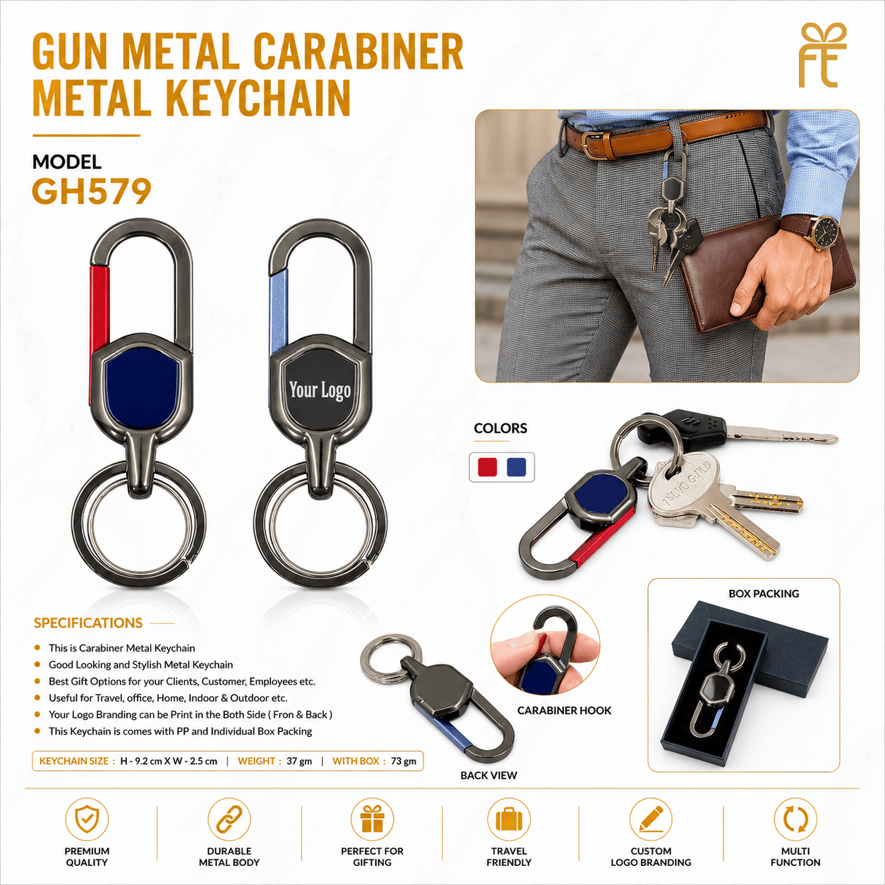 GUN METAL CARABINER METAL KEYCHAIN