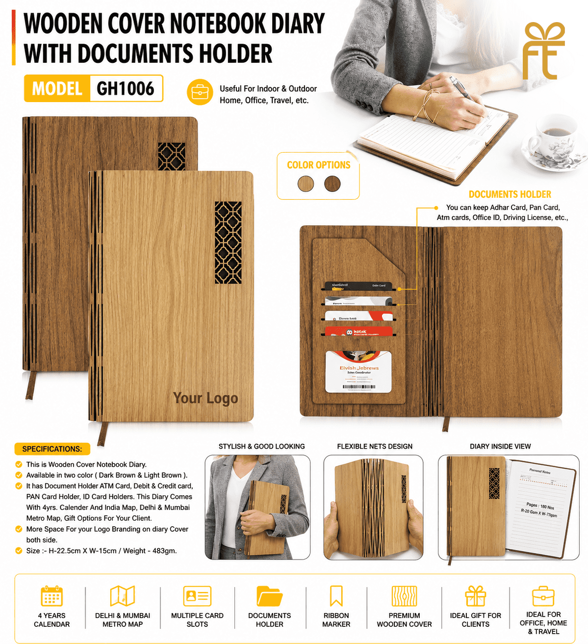 WOODEN COVER NOTEBOOK DIARY WITH DOCUMENT HOLDER