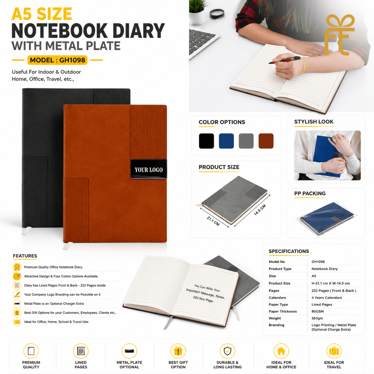 A5 SIZE NOTEBOOK DIARY WITH METAL PLATE