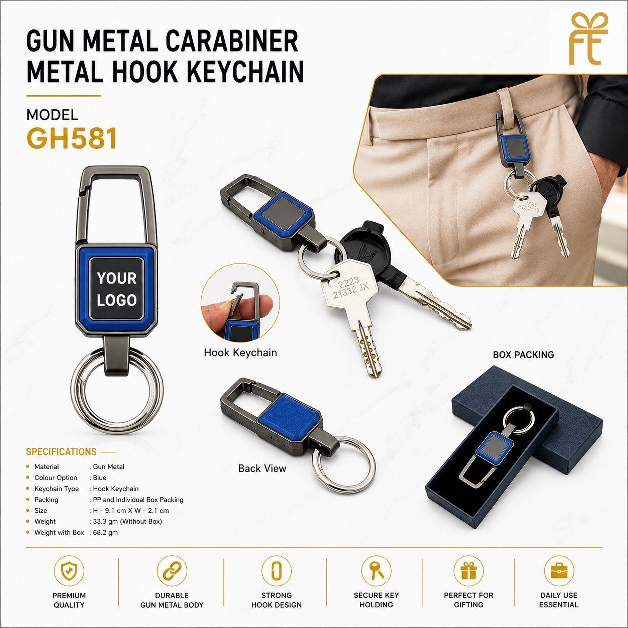 GUN METAL CARABINER METAL HOOK KEY CHAIN 