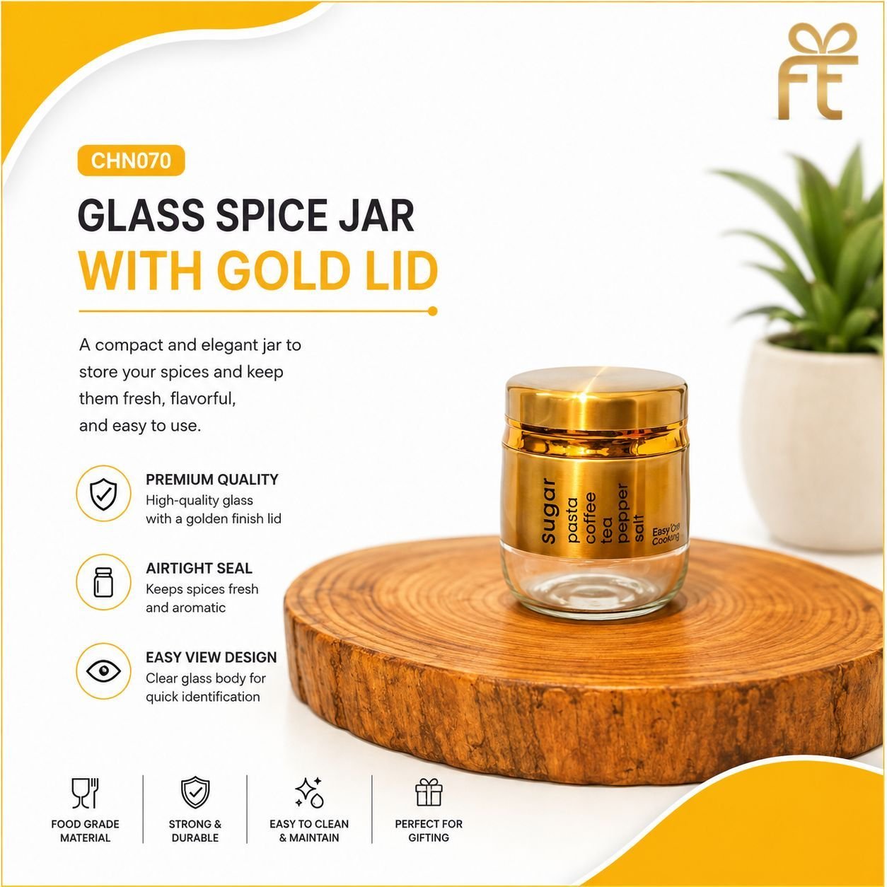 GLASS SPICE JAR WITH GOLD LID